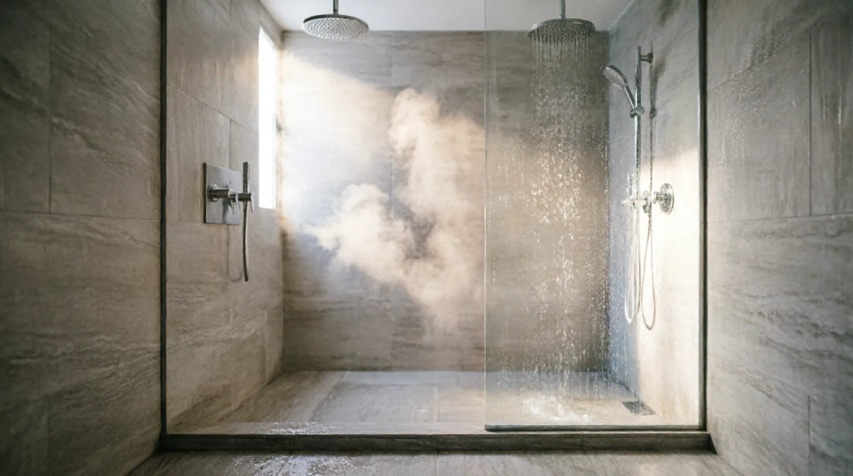 A rainfall shower with an aromatherapy infuser, set in a bright summer bathroom