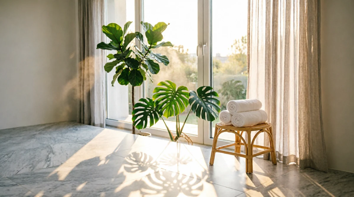 A bright bathroom with cool marble floors, fresh greenery, and soft natural light creating a spa-like summer feel