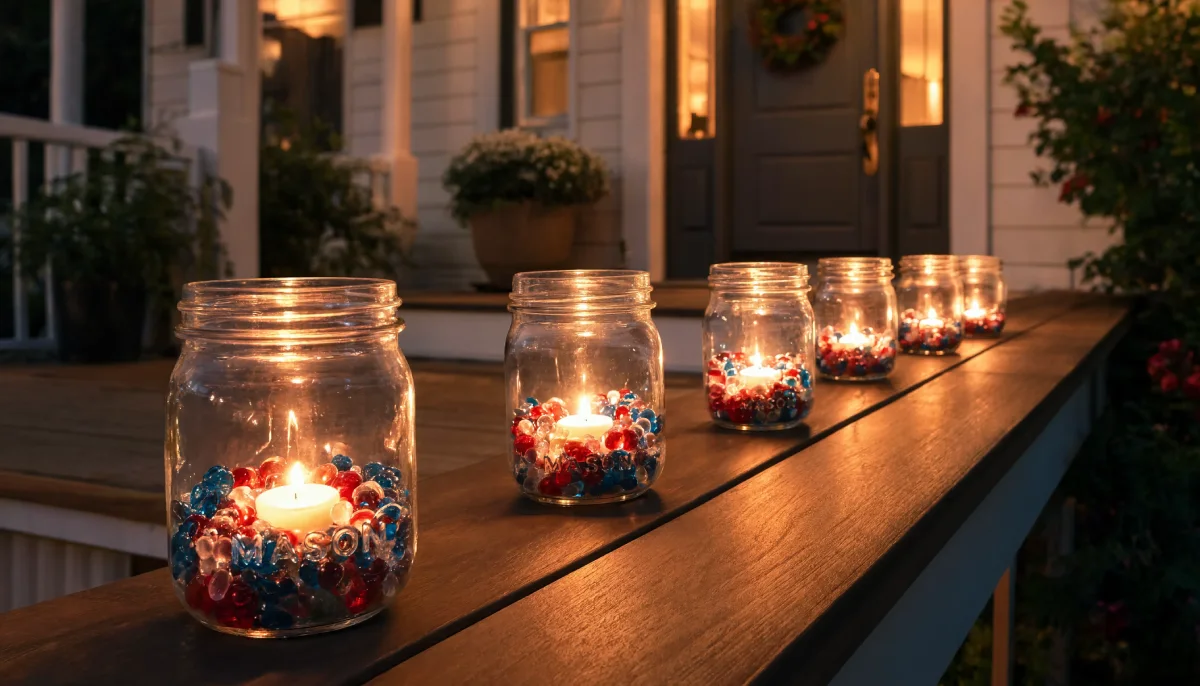 Row of lit mason jars with red white and blue beads on a porch rail.
