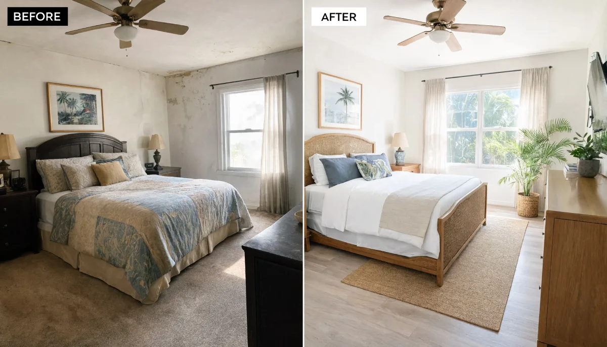 Before and after master bedroom makeover featuring bright white walls, woven bed frame, natural wood furniture, large windows, and airy coastal style decor