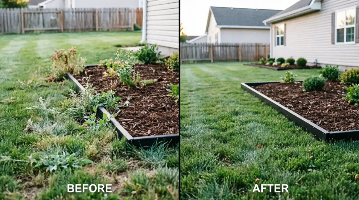 Before and after backyard garden bed showing undefined grass border with weeds creeping into mulch replaced with black metal landscape edging creating clean separation between lawn and planting area