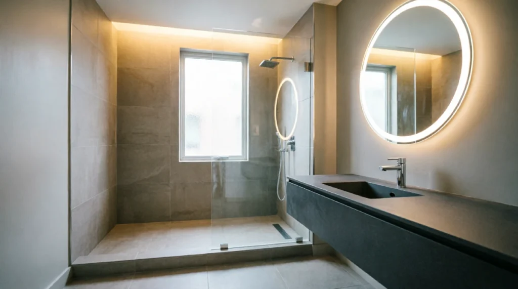Interior Design Ideas for a Modern House in New York - Interior Design - Homedecortoday Modern primary bathroom in a New York house with curbless shower, floating vanity, and large-format tile