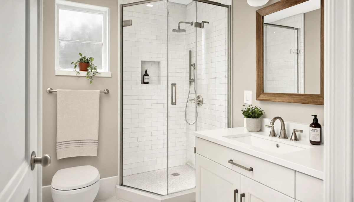 Modern bathroom featuring a walk-in shower with white subway tiles and frameless glass doors, a white vanity with a wooden framed mirror, and brushed nickel fixtures.