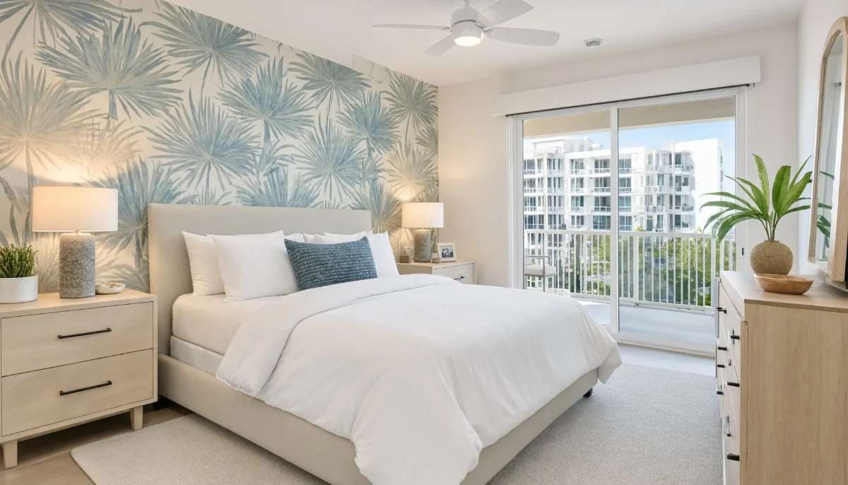 Contemporary bedroom featuring a blue tropical palm wallpaper accent wall, beige upholstered bed, and sliding glass doors leading to a balcony with a city view.