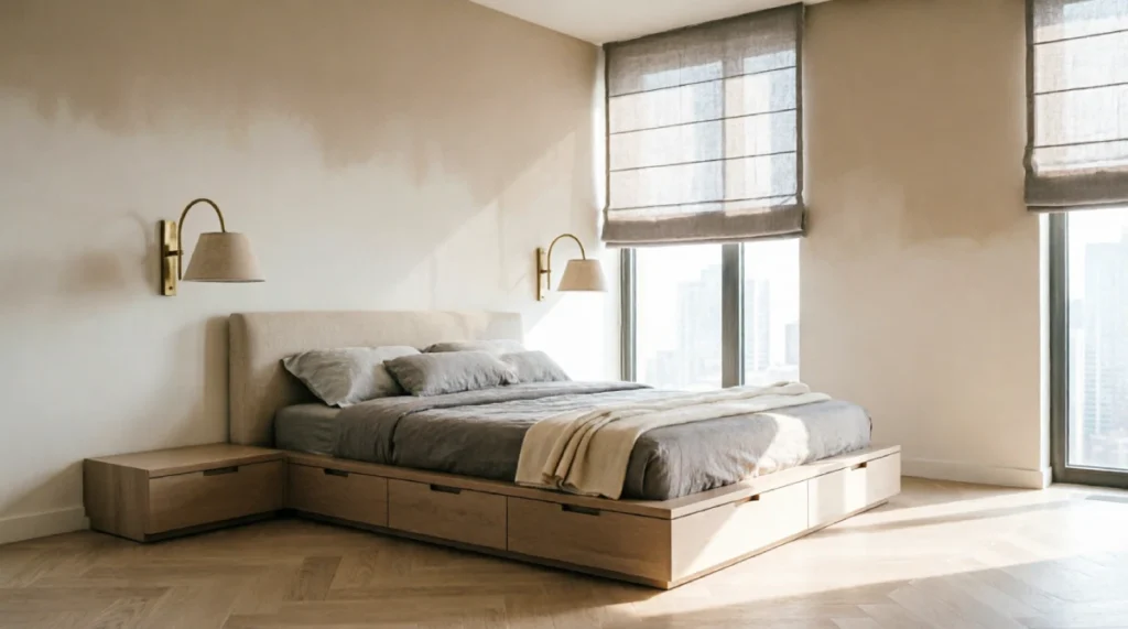 Interior Design Ideas for a Modern House in New York - Interior Design - Homedecortoday Modern bedroom in a New York house with a platform bed, built-in storage, and blackout shades