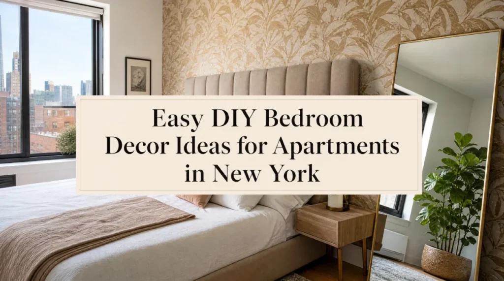 NYC apartment bedroom with city view through black framed windows featuring beige tufted upholstered headboard against gold botanical leaf pattern wallpaper accent wall wooden nightstand brass floor mirror and fiddle leaf fig plant in woven basket with neutral cream bedding