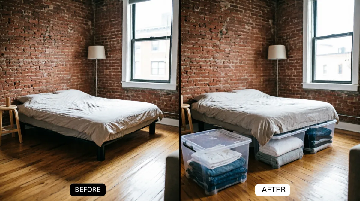 NYC bedroom before and after with exposed brick wall showing low platform bed elevated on bed risers creating storage space underneath with clear plastic bins holding folded clothing and bedding for apartment organization