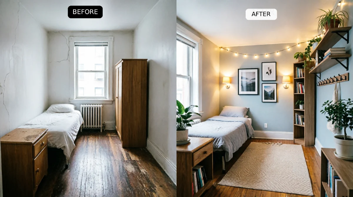 Small NYC pre-war bedroom before and after showing cracked plaster walls transformed with plug-in wall sconces, framed gallery wall, floating shelves with plants, string lights, and area rug in renter-friendly DIY makeover