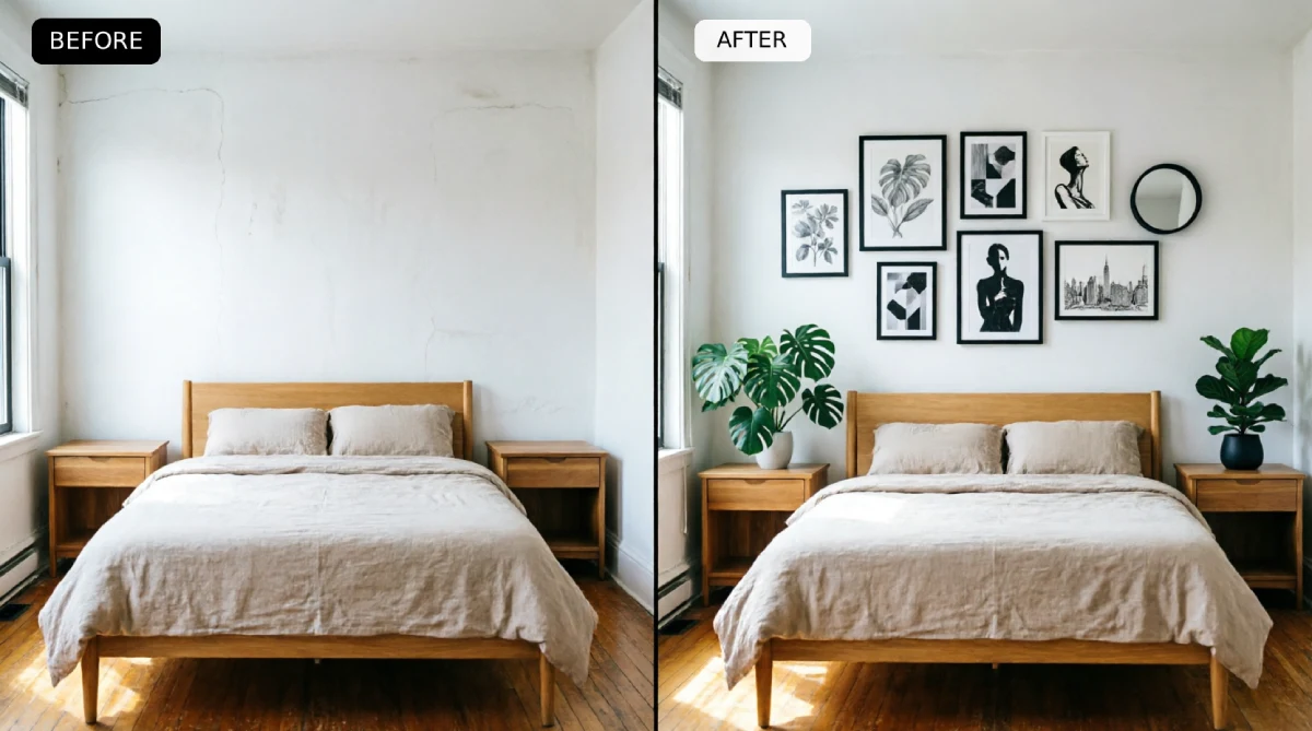NYC bedroom before and after showing blank plaster wall transformed with eight piece Command strip gallery wall featuring black and white frames with botanical prints abstract art portraits and round mirror above wooden platform bed