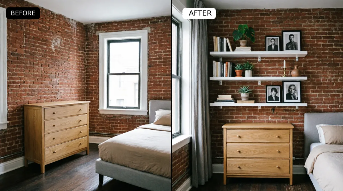 NYC bedroom before and after showing exposed brick wall with three white floating shelves above wooden dresser holding books plants and framed black and white portraits for vertical storage solution
