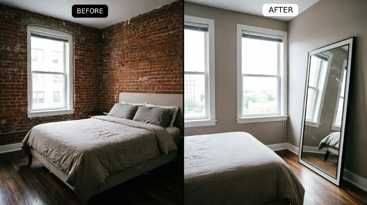 NYC bedroom before and after showing exposed brick wall with bed and single window then transformed with large black frame full-length floor mirror leaning against wall opposite window reflecting natural light and creating sense of depth in small apartment bedroom