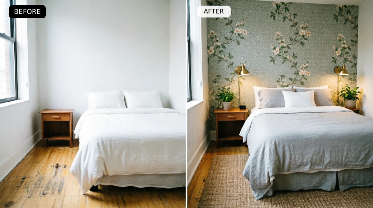 NYC bedroom before and after with sage green botanical peel-and-stick wallpaper accent wall behind bed, brass plug-in sconces, layered bedding, and jute rug in renter-friendly apartment makeover