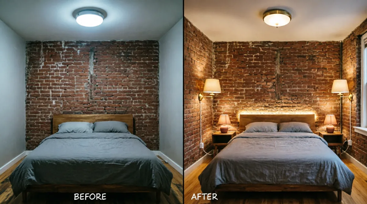 NYC bedroom before and after with exposed brick wall showing harsh overhead ceiling light transformed with plug-in brass wall sconces with cord covers, table lamps on nightstands, LED strip lights behind headboard, and warm smart bulb creating layered ambient lighting