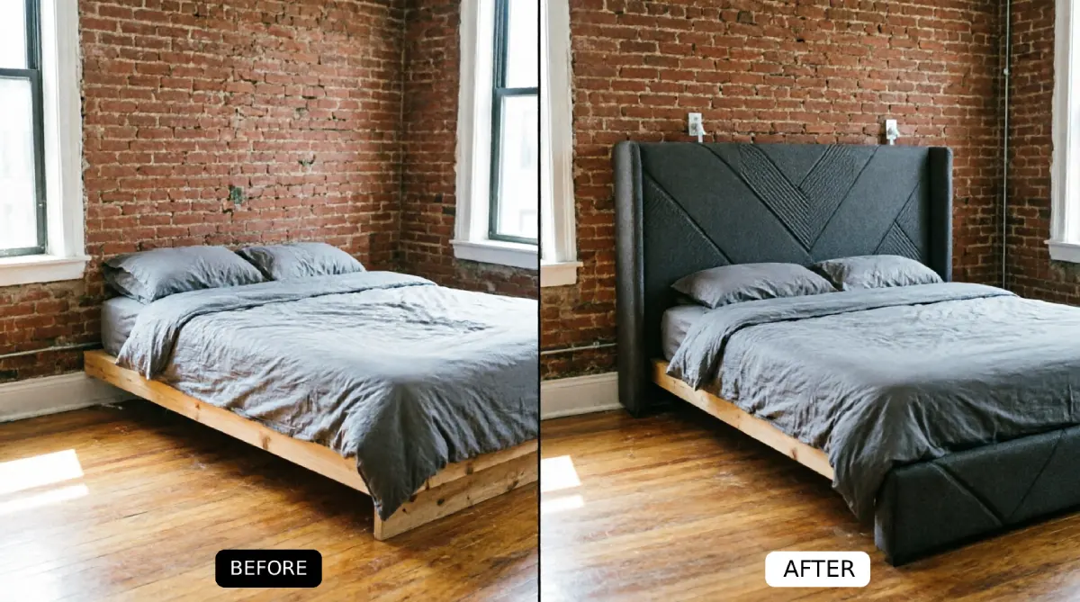 NYC bedroom before and after with exposed brick wall showing platform bed without headboard then with tall charcoal gray upholstered headboard with geometric chevron tufting attached using command strips