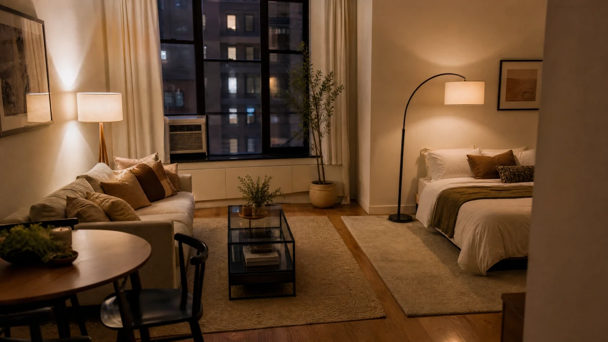 Studio apartment in New York with storage bed, round dining table, and vertical bookshelf for small space living