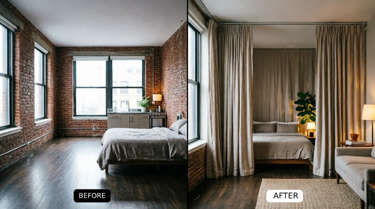 NYC studio apartment before and after with exposed brick walls showing ceiling mounted curtain track system with floor to ceiling beige linen curtains creating separate sleeping alcove and bedroom zone in open layout