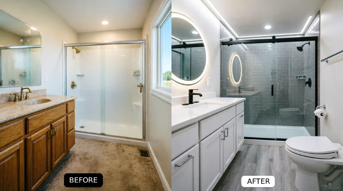 1990s oak vanity bathroom with carpet flooring and brass fixtures updated with white shaker vanity quartz countertop matte black faucet gray vinyl plank flooring gray subway tile shower black frame glass enclosure LED mirror partial remodel no plumbing changes
