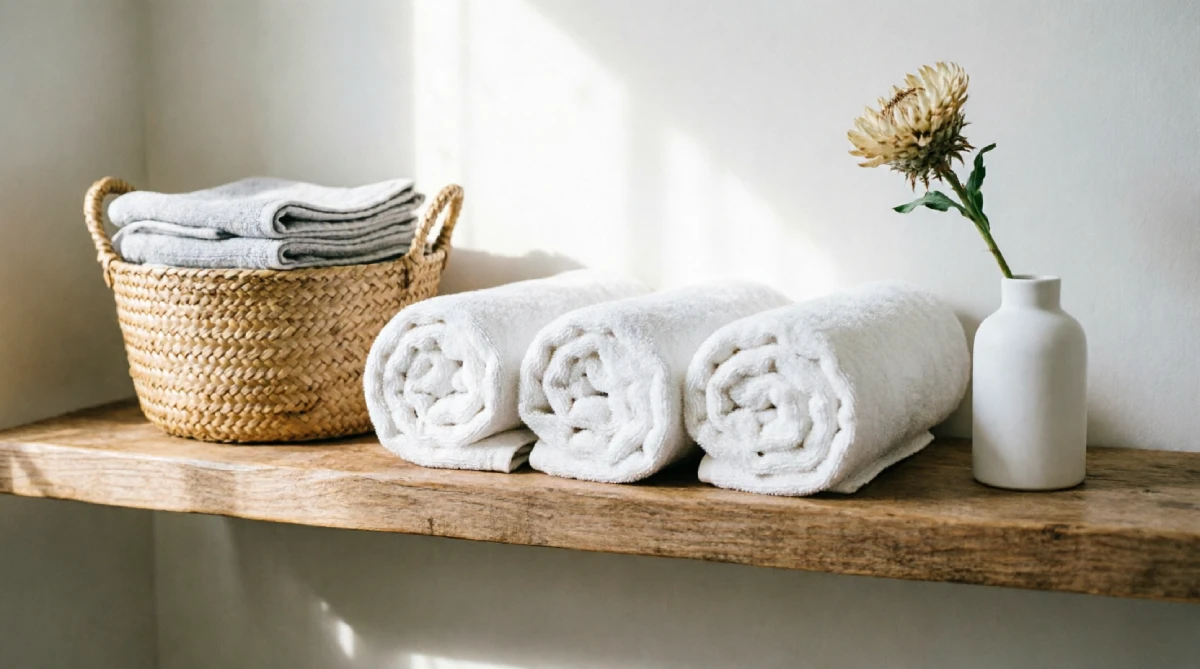 Light, plush organic cotton towels adding a cool spa feel to a summer bathroom