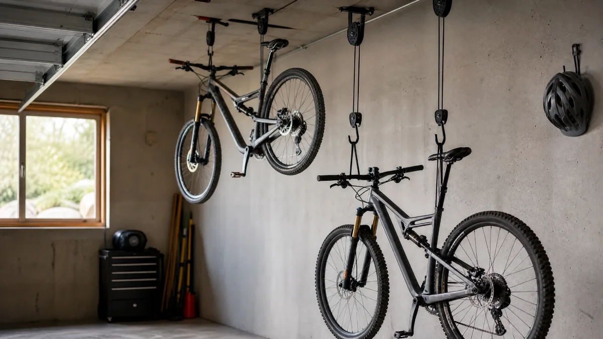 Bicycles suspended from a garage ceiling using a pulley hoist system
