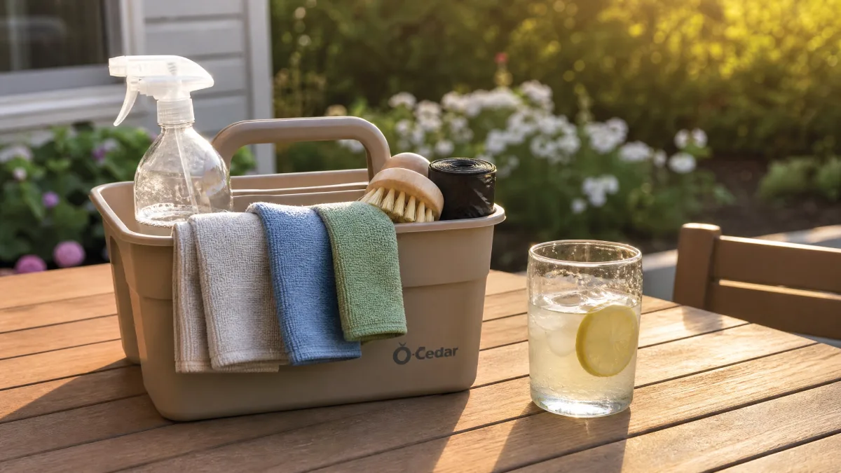 Portable outdoor cleaning caddy with supplies on a patio table