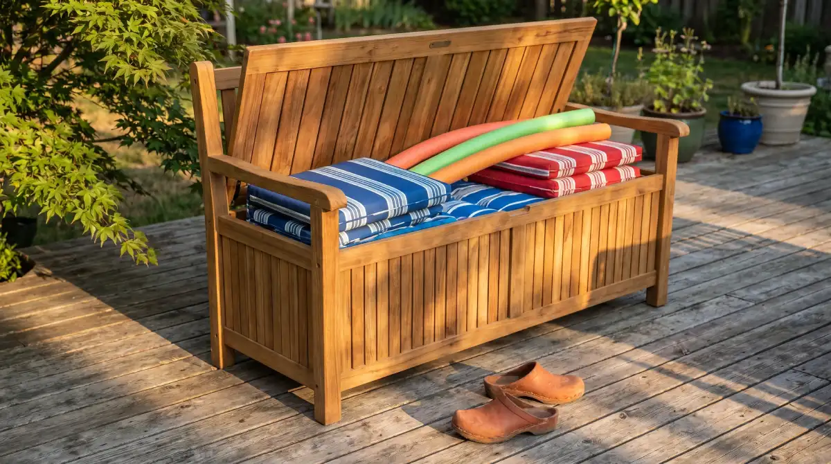 Open outdoor storage bench holding cushions and pool toys on a sunny deck