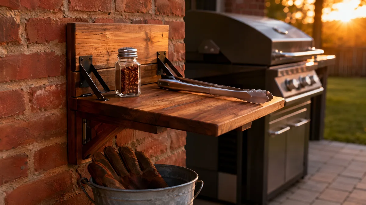 Fold-down wall-mounted prep shelf beside an outdoor grill