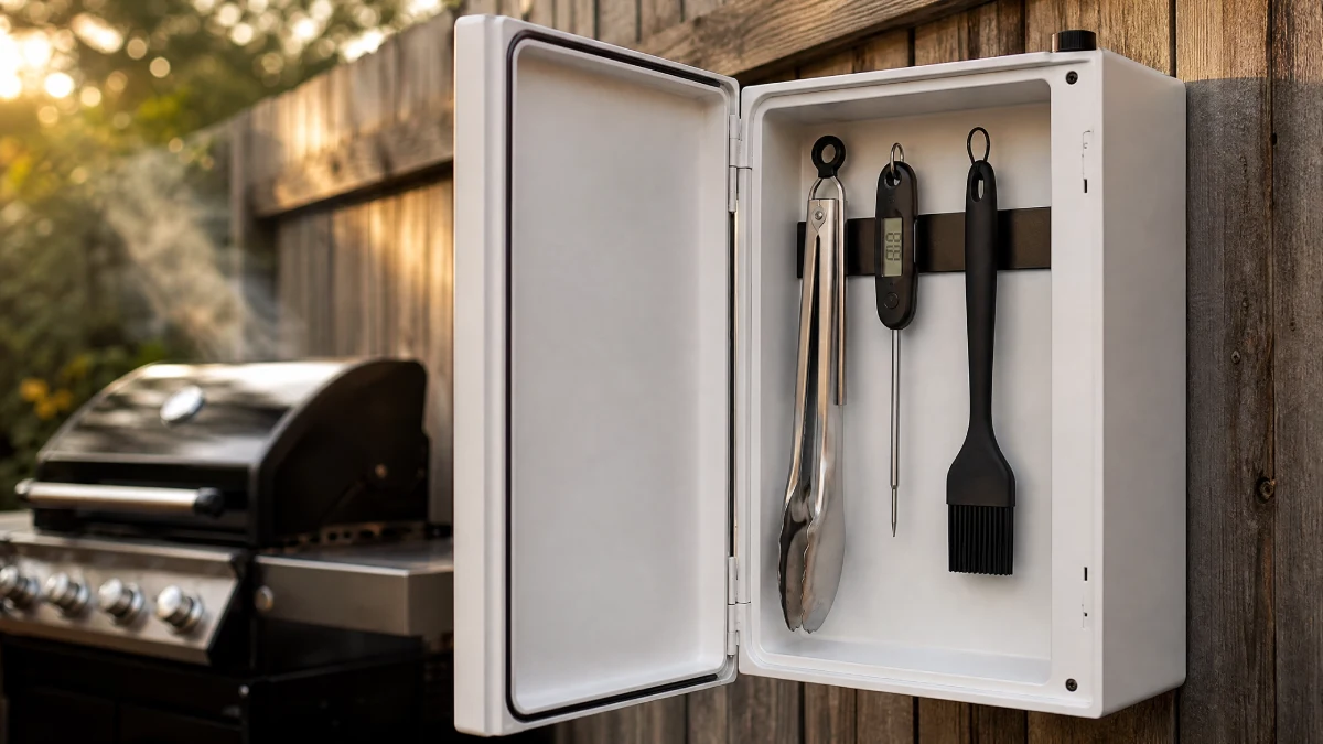 Outdoor cabinet storing grill tools mounted on a fence