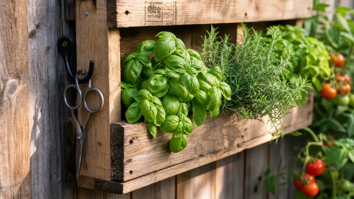 Vertical herb planter with scissors hanging, mounted on a garden fence