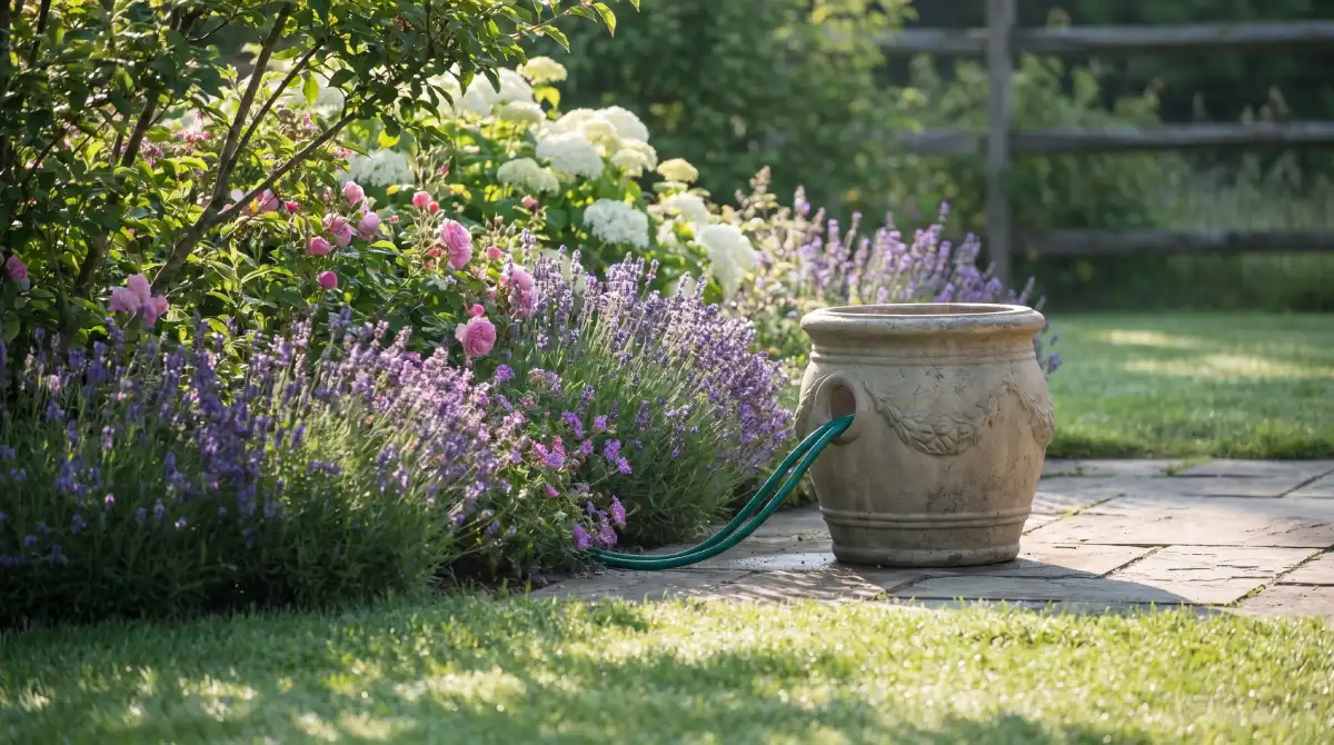 Decorative hose pot concealing a garden hose beside a flower bed