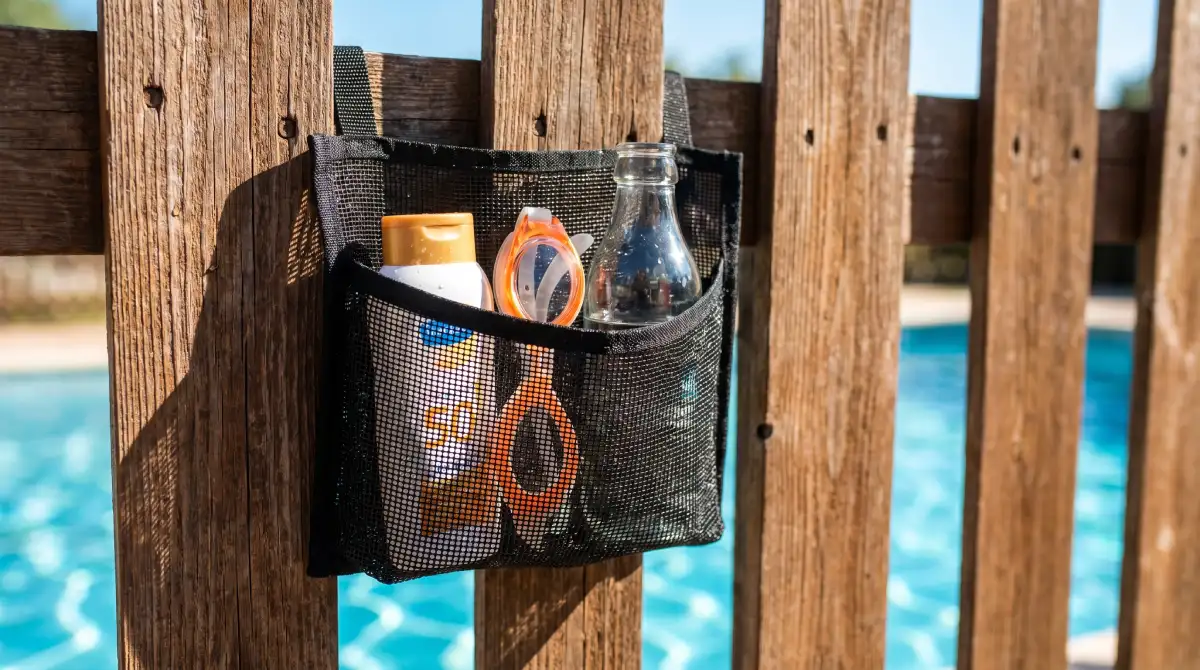 Mesh caddy with swim accessories hanging on a fence near a swimming pool
