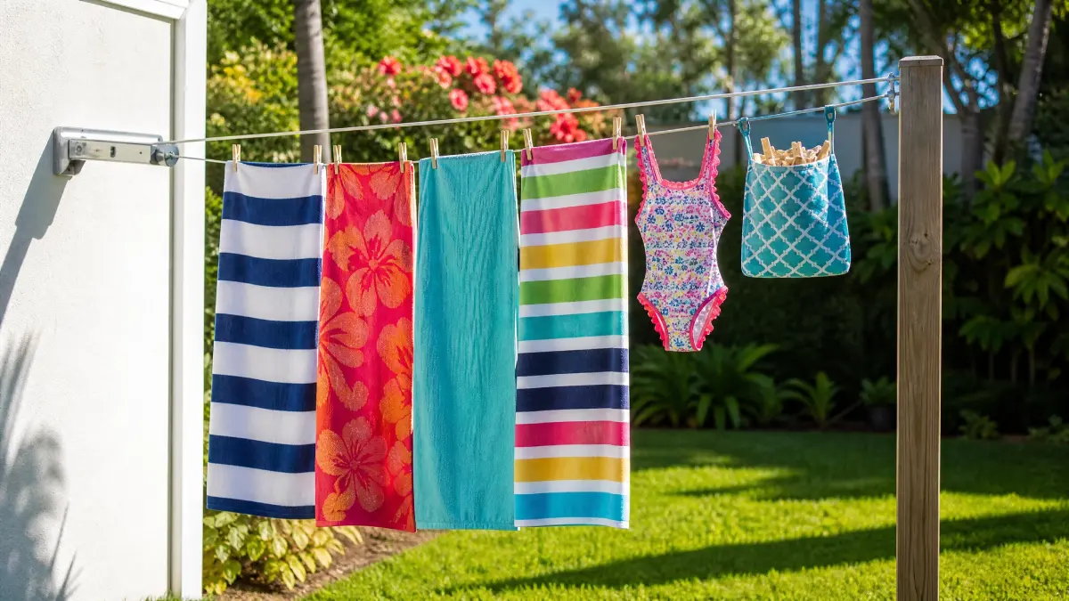 Retractable clothesline with towels and clothespin pouch in a sunny yard.