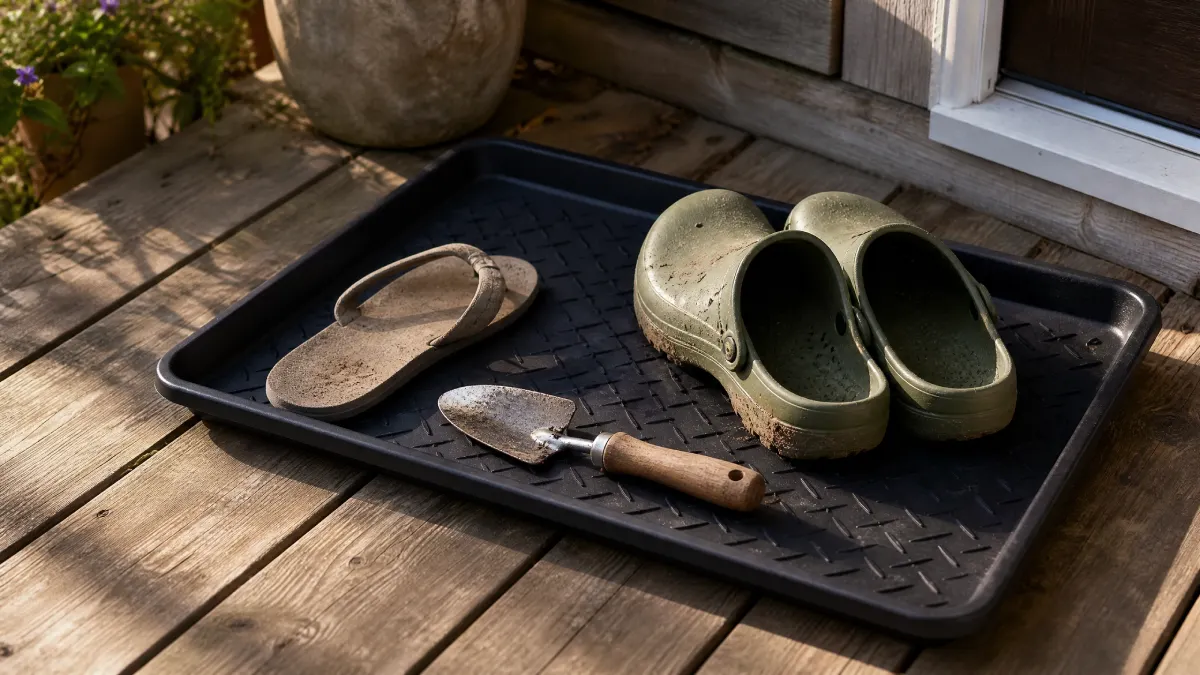 Outdoor boot tray with shoes and gardening tool on a back porch
