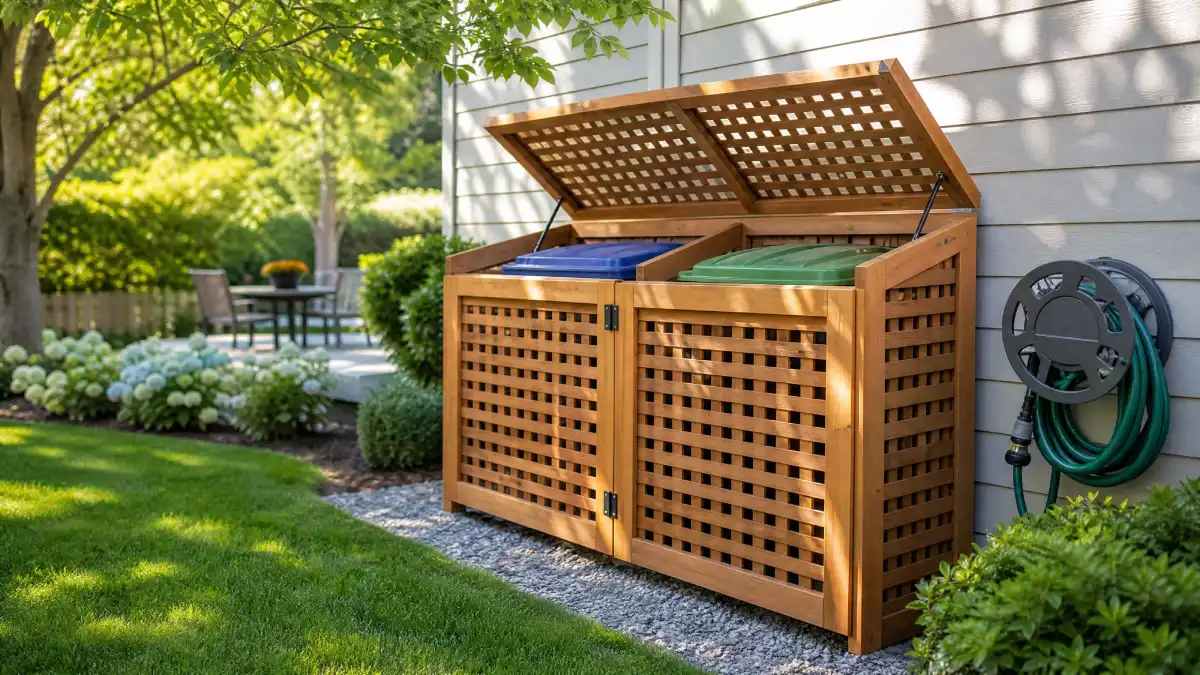 Wooden lattice screen concealing outdoor trash and recycling bins