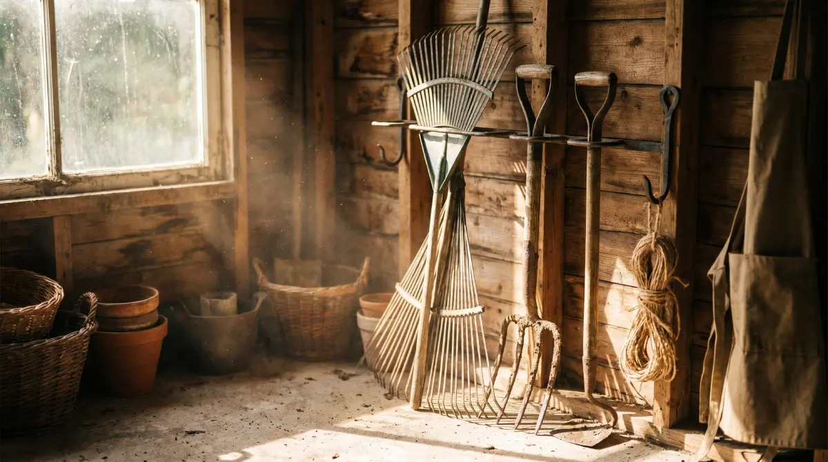 Wall-mounted rack organizing long garden tools inside a shed