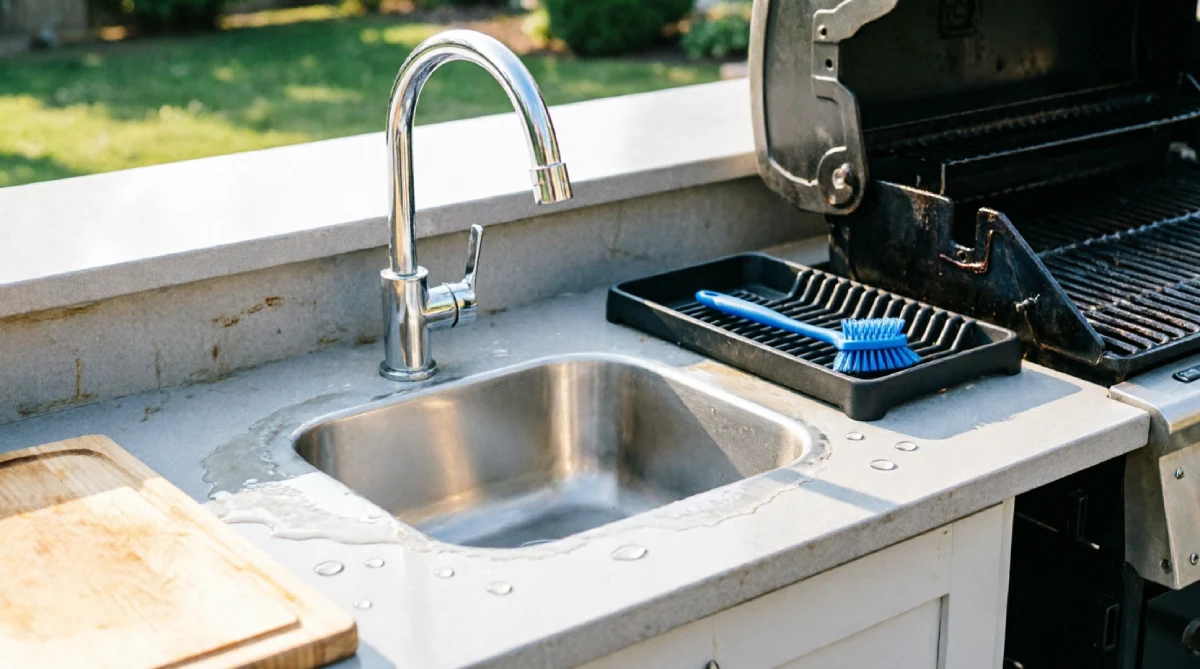 Stainless steel bar sink built into an outdoor kitchen counter