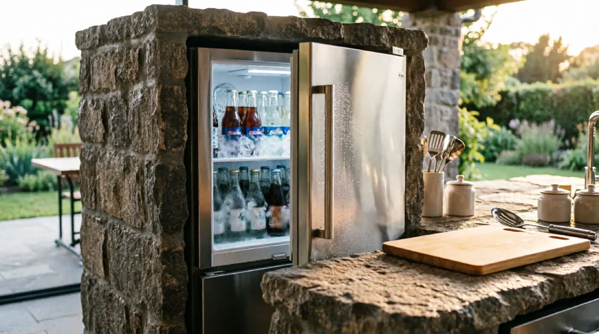 Outdoor-rated compact refrigerator built into an outdoor kitchen island