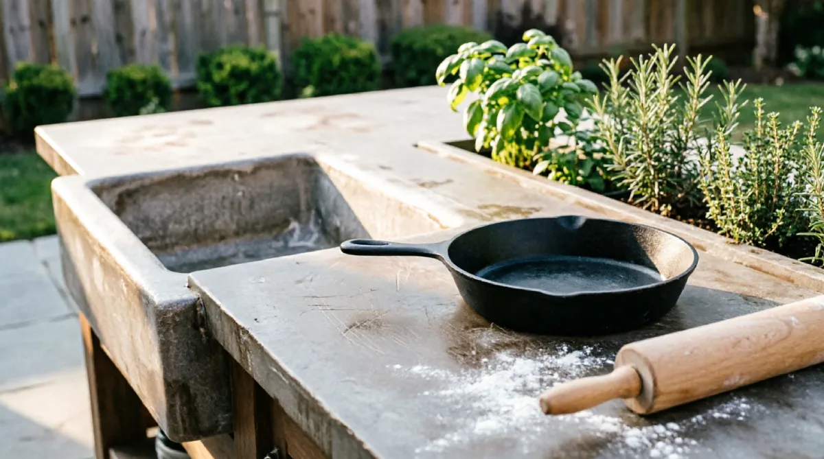 Soapstone countertop in an outdoor kitchen showing natural wear and use