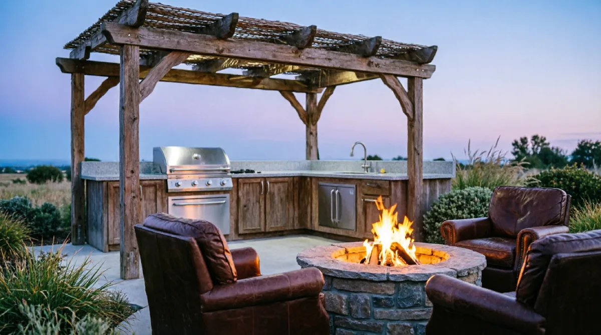 Outdoor kitchen and a separate fire pit seating area in the same backyard