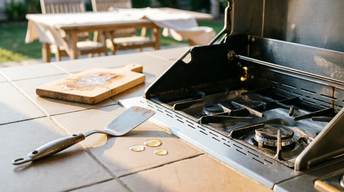 Grill with a tiled side counter in a residential outdoor kitchen