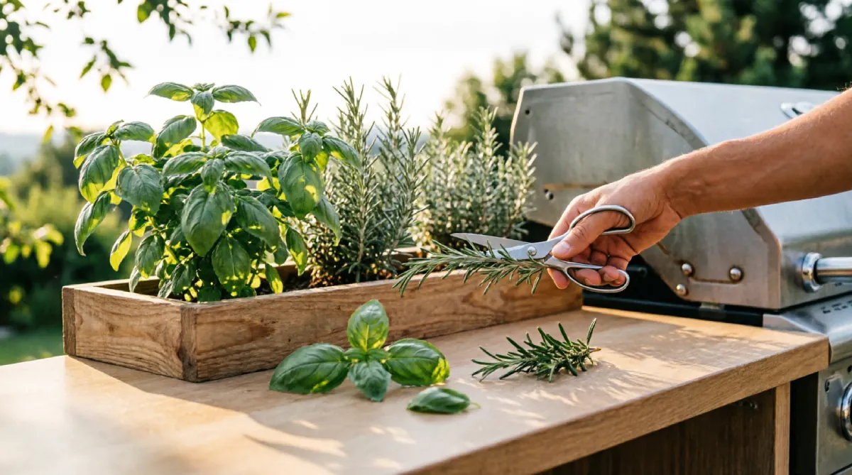 Herb planter box integrated into the outdoor kitchen counter