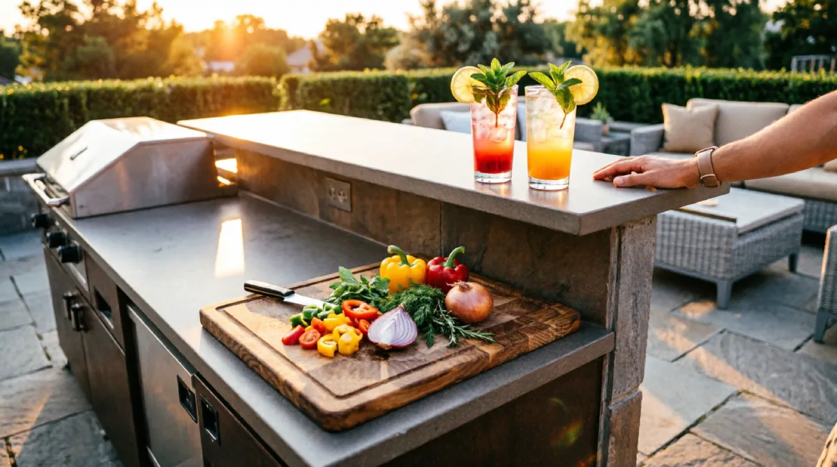 Two-level outdoor kitchen island with prep area and raised bar ledge