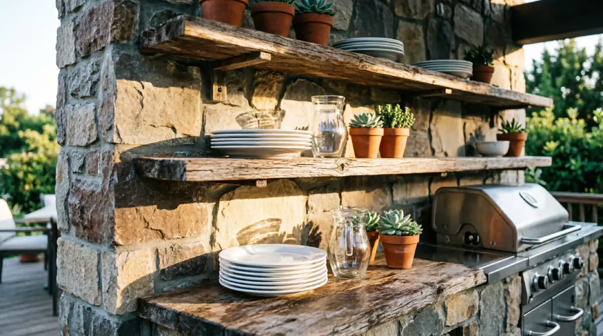 Open shelving in an outdoor kitchen with dishes and serving ware