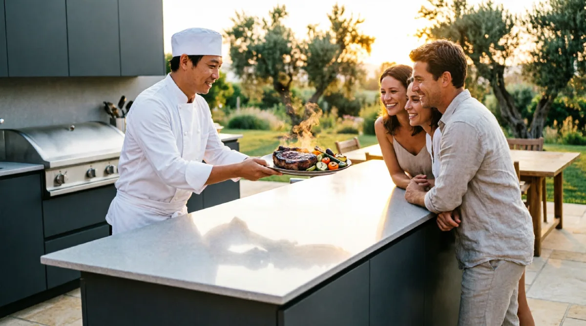 Pass-through counter connecting outdoor cooking area to the dining space