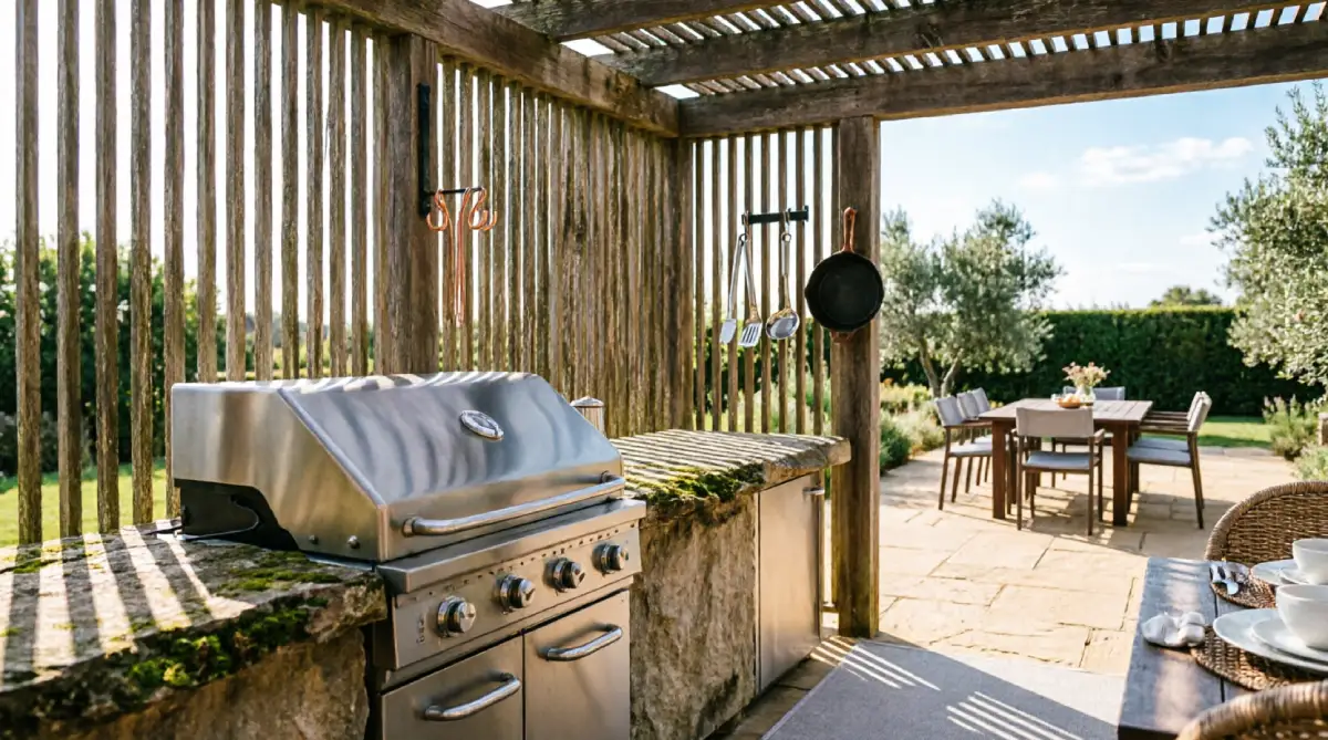 Pergola providing filtered shade over an outdoor kitchen cooking area