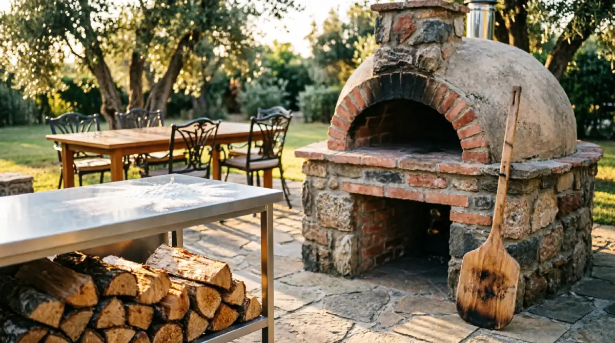 Wood-fired pizza oven tucked into a corner outdoor kitchen with prep space