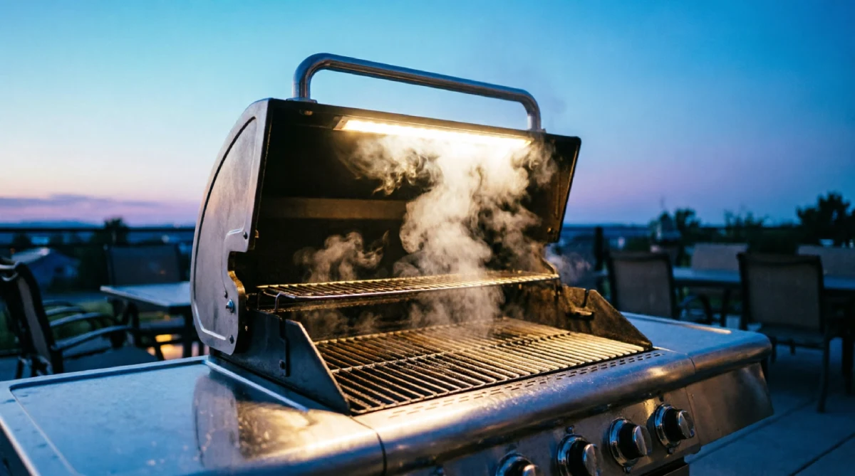 LED task light mounted above an outdoor grill for evening cooking