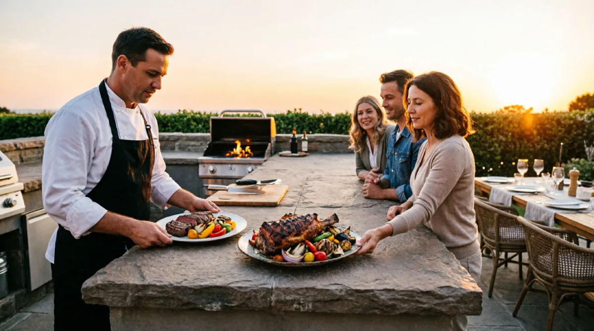 Pull-out trash and recycling bins built into outdoor kitchen cabinetry
