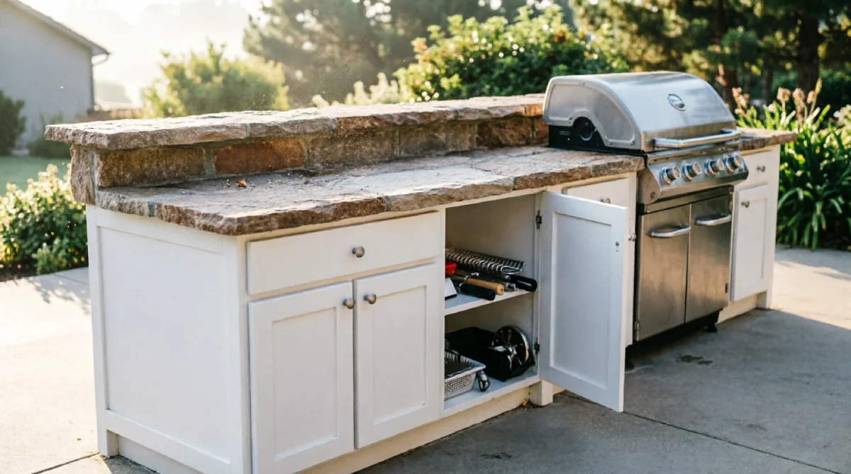 Weatherproof outdoor kitchen cabinets made of marine-grade HDPE