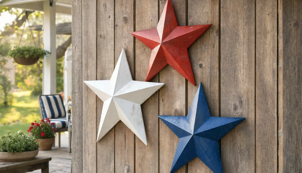 Red white and blue painted wooden star wall decor mounted on rustic farmhouse porch wood siding