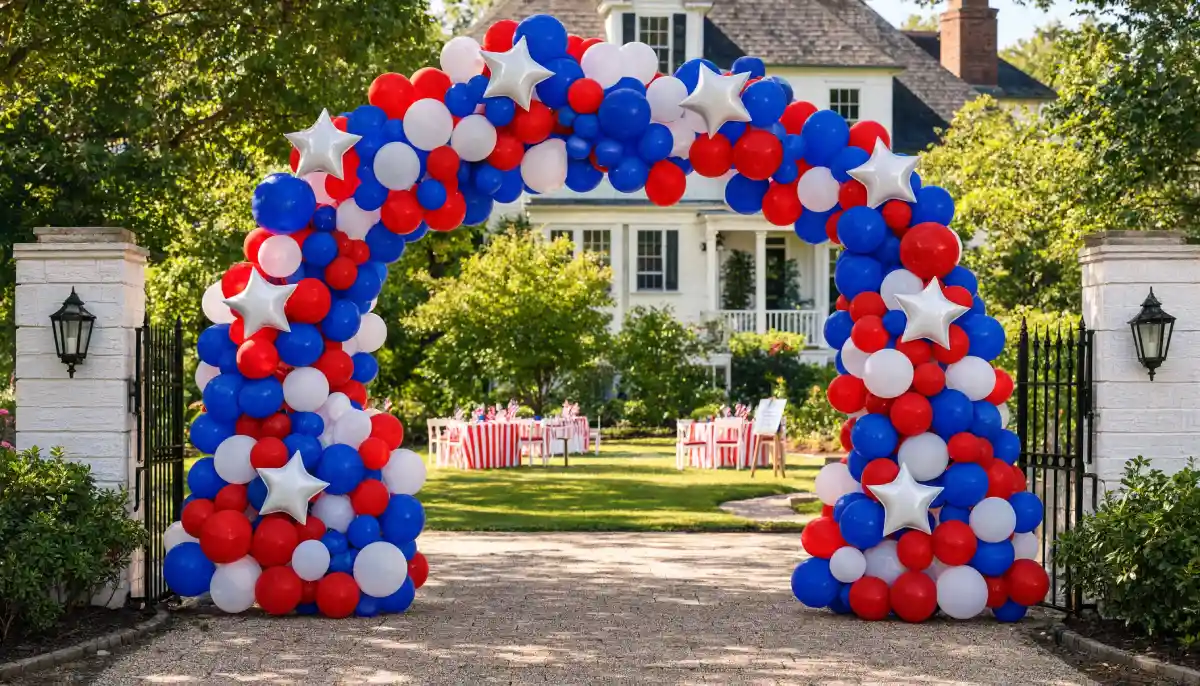 American flag doormat on a wooden porch with potted plants and a star wreath.